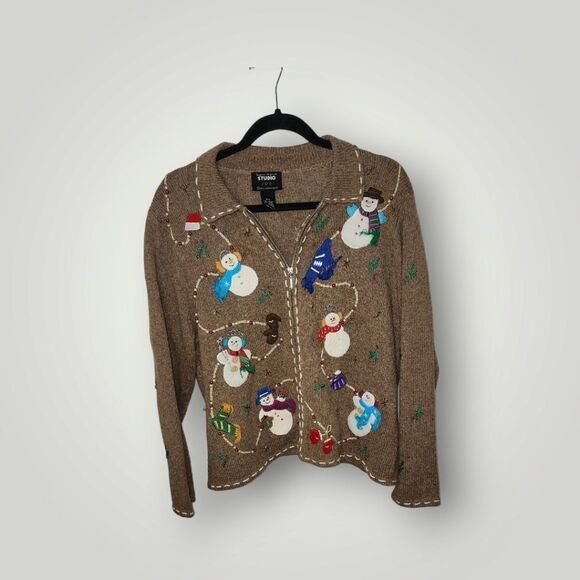 Studio Joy snowman sweater jacket cardigan beaded embroidered size Petite Large - Picture 1 of 9